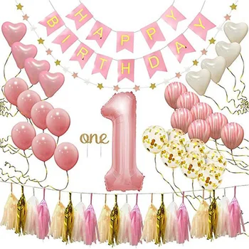 1. Pembe Doğum Günü Partisi Dekorasyon Malzemeleri, İnci lateks konfeti balonları, Garland yıldız kızlar için parti 16