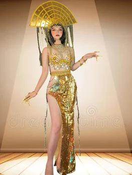 Egzotik Showgirl Altın Mısır Hint Oryantal Dans Bölünmüş Elbise Bikini Gogo opera Rave headdress gece kulübü bar gösterisi parti giysileri