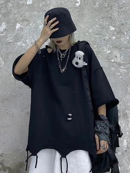 Deeptown Gotik Streetwear Siyah Büyük Boy T Shirt Kadın Harajuku Hip Hop Beyaz Hollow Out Tee Kısa Kollu Tüm Maç Üstleri Punk