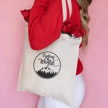 Kadın alışveriş çantası Tuval Pamuk Dünyayı Keşfetmek Mektup Baskı Crossboby kulplu çanta yeniden kullanılabilir bez çantalar Alışveriş çantası 3