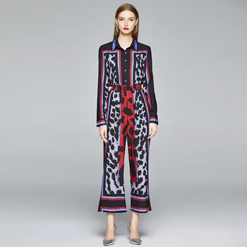 Resort Rahat Leopar pantolon Setleri 2021 Kadın Baskı Gömlek + Pantolon İlkbahar Sonbahar Uzun Kollu Parti İki Parçalı Bayan Tasarımcı Takım Elbise 1