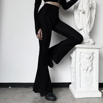 Zoulv Kadın Elastik Yüksek Bel Legging günlük pantolon Sonbahar Zarif Uzun pantolon Kadın Kapriler Siyah Kadife Şerit Flare Pantolon