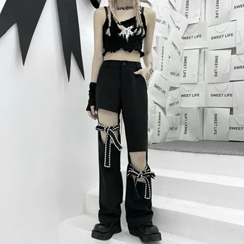 Siyah Pantolon kadın Hollow Out papyon rahat pantolon Gevşek Yüksek Bel Düz Uzun Pantolon Kore Punk Goth Pantolon Pantolon Kadın 15