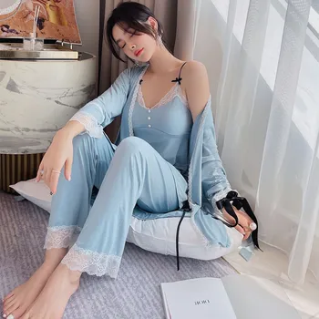 Fdfklak Modal Pijama Kadın Yeni Ev Giysileri Pamuklu uzun kollu pijama Gece Elbisesi Saray Tarzı Tatlı Sling Üç Parçalı Set 6