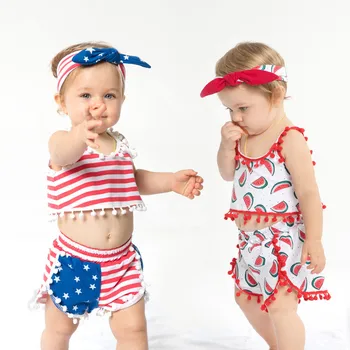 Yaz Sevimli Bebek Kız Romper Tulum Kafa Bandı Karpuz Baskılı Kıyafetler Sunsuit Seti Yeni 1-4T Çocuk Çocuk Giysileri Sıcak 4