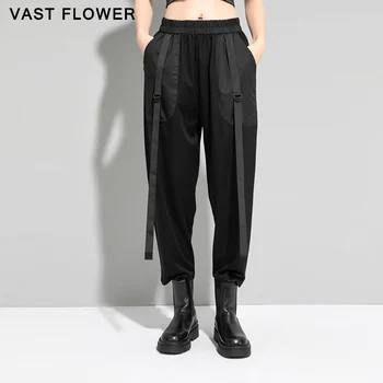 Siyah Elastik Bel Eklenmiş Şerit harem pantolon Kadınlar Yeni Cep Kişilik Gevşek günlük pantolon Moda İlkbahar Yaz 2021 15