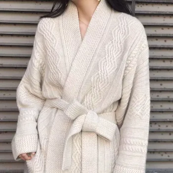 Yeni Kadın Yün Kazak Örme Gevşek Hırka Üst Kemer İle Yeni Sonbahar Kış Sıcak Yün Ceket Kalın Rüzgarlık Streetwear 16