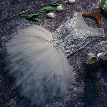 Gümüş Tül Dantel Nedime Elbisesi Mini Kısa Düğün Konuk Törenlerinde Çarpıcı Ruffles Seksi Illusion Parti Törenlerinde Noivas DB017 3