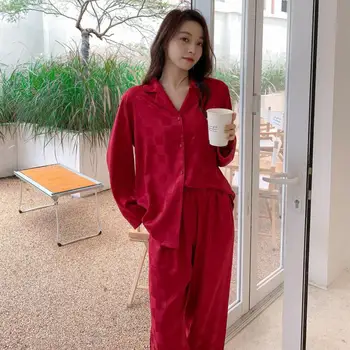 2021 Yeni Jakarlı Ekose Pijama Seti Yumuşak Salon Giyim Rahat Gömlek ve Pantolon Saten İç Çamaşırı Ev Giysileri Gevşek 2 Parça Takım Elbise 7
