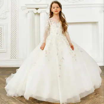 2022 Prenses Çiçek Kız Elbise Düğün için Parti Bir Çizgi Uzun Kollu Kızlar Pageant Törenlerinde Dantel Aplikler Çocuklar Noel Elbise 6