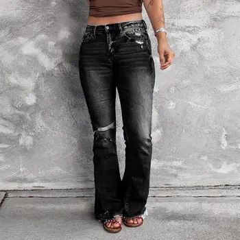 Yeni vintage kadın Kot Alevlendi Seksi Streç Denim Yırtık Pantolon Spandex Geniş Bacak Pantolon Çan Alt Jean Moda geniş bacak 19