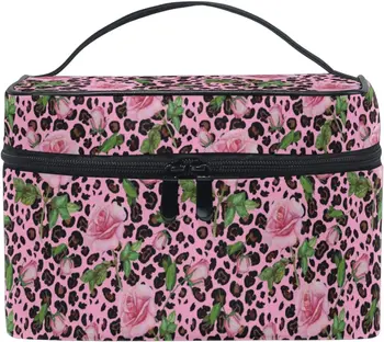 Makyaj Çantası, Güller Pembe Leopar Seyahat Makyaj Organizatör Çantası Kozmetik Çantaları makyaj çantaları Kız Kadınlar Bayanlar için 9