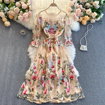 Kadınlar Yeni Moda Yuvarlak Boyun Uzun Kollu İnce Örgü Nakış Tığ Zarif evaze elbise Harajuku Vintage Vestidos R280 2