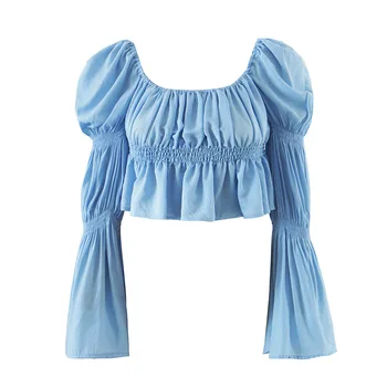 Yaz T-shirt Kadın 2021 Uzun Kollu Puf Flare Elastik Büstü Yeni Sıcak Moda Casual Streetwear Kadın Bluz Kırpma Üst C2829