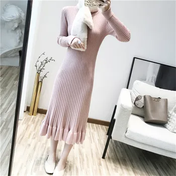 2021 Şeker Renk Örme Elbise Y2K Kadın Sonbahar Kış Tam Kollu Kadın Kazak Fishtail Elbise İnce Render Vestidos DR042