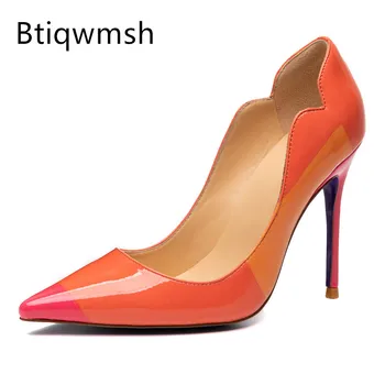 Lüks turuncu yüksek topuklu ayakkabı kadın sivri burun pompaları Bayan seksi parti ayakkabıları üzerinde kayma 8