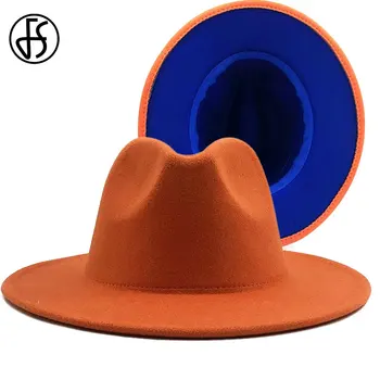 FS 2020 Yeni Unisex Turuncu Mavi Patchwork Keçe Caz Şapka Kap Erkekler Kadınlar Düz Geniş Ağız Yün fötr şapkalar Panama Fötr Vintage Şapka 6