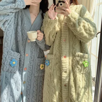 Kawaii kadın Pijama Cepler ile Kış Kalınlaşmak Sıcak Mercan Polar Uzun Kollu Pijama Bornoz Kore Loungewear Giysileri 3
