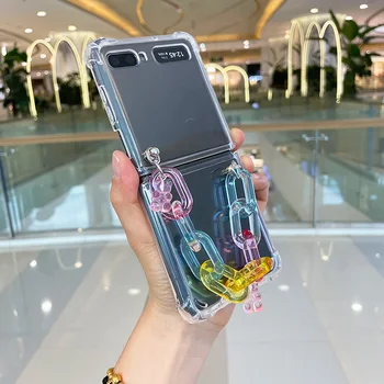 Kore Küçük Ayı Gökkuşağı Taşınabilir Bileklik Şeffaf Telefon Kılıfı İçin Samsung Galaxy Z Flip 3 5G Darbeye Koruyucu Kapak 11