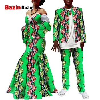 Erkekler için afrika Giysi Pantolon Ceket ve Straplez Uzun Kollu Artı Boyutu Kadın Elbise Afrika Çift Eşleştirme Giyim Severler WYQ862 2