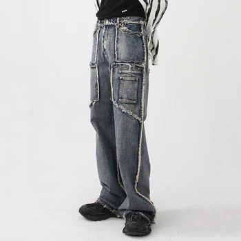Vintage Düz Gevşek Kot Püskül Patchwork Hip Hop Şalvar Kot Erkekler Y2K Streetwear Harajuku Kot Pantolon Mavi