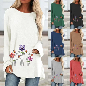 Artı Boyutu Sonbahar Kadın Moda Rahat Yuvarlak Boyun Uzun Kollu Çiçek Baskılı Gömlek ve Üstleri Gevşek Bayanlar grafikli tişört bluz 3