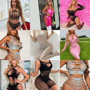Parlak Elmas Seksi İç Çamaşırı Yaz Üstleri Sıcak Seksi Kadınlar Şeffaf Takım Elbise Örgü Vücut Çorapları Pullu Tulum Porno Bodysuit 4