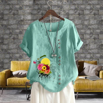 Yaz bayan Yuvarlak Boyun Kısa kollu bluz Çiçek Baskı Üstleri Güzel Desen Gevşek Keten T Shirt Casual Gömlek XS-5XL