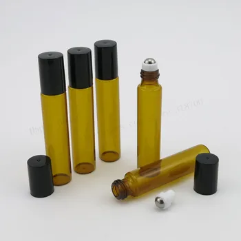 30x10 ml Boş Amber Cam rolon şişe 10cc Parfüm Roll-on Şişe Siyah Plastik Kapaklı Paslanmaz Çelik Rulo Top 2