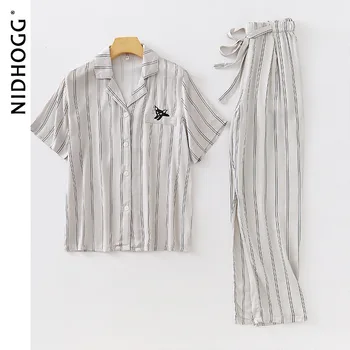 2021 Kadınlar için Yeni Saten Şerit Kedi Nakış Cep Pijama Kısa Kollu Pantolon İki Parça Set Yaz kore Viskon Homewear 5