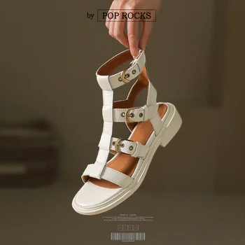 2022 Yaz Kadın Sandalet Doğal Deri 22-24. 5 cm İnek Derisi Üst Tam Deri T-kayışı Ayak Bileği Toka platform sandaletler Roma Ayakkabı 3