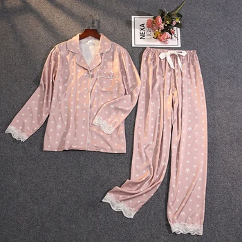2 Adet kadın Yaz Dantel Pijama Saten Uzun Kollu Artı Boyutu Pijama Setleri V Yaka Gecelik Kadın Takım Elbise İnce Baskı Pijama Giymek 8