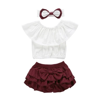 Yaz Çocuk Kız Giyim Seti Toddler Katı Kolsuz t-shirt Mini Tutu Etek Elbise Kafa Bandı ile Rahat Setleri 3 Adet 5