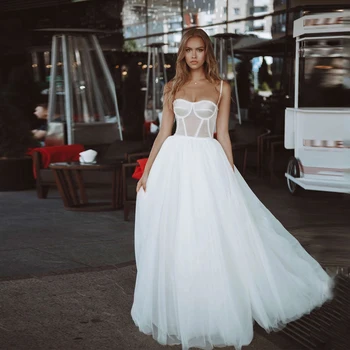 Basit Beyaz düğün elbisesi Spagetti Sapanlar Kolsuz Bir Çizgi Sevgiliye Boyun Kat Uzunluk Sivil gelin kıyafeti Gelin Parti İçin 9