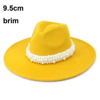2021 Yüksek Kalite 9.5 cm Büyük Ağız Katı Kış Sonbahar Yün Kadın Erkek Bayanlar Fedoras Üst Caz İnci Şerit Fötr Şapka 6