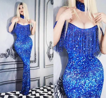 Kadınlar Yeni Mavi Saçaklar Seksi Elbise Sahne Giyim Büyük Streç Elbise Şarkıcı Akşam Performans Püskül uzun elbise doğum günü partisi elbisesi 6
