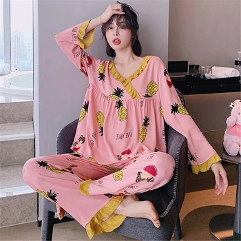 Pijama Uzun kollu Sonbahar Yeni 2022 Kış Pijama Sıcak Tarzı Bayanlar Ananas Baskı Pantolon Kore Rahat Kıyafeti 10
