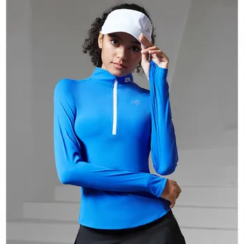 Kadın Örgü Dikiş Yarım Fermuar T Shirt Koşu Spor Sıkı Yoga Gömlek Egzersiz Gym Fitness Tops Golf Tenis Ince Uzun Kollu