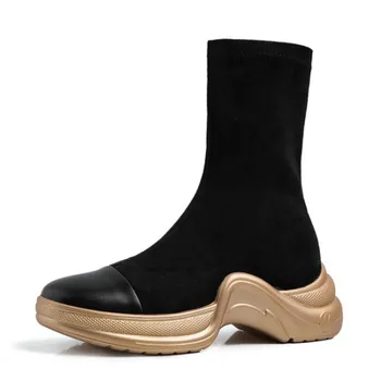 Kadın Diz Çizmeler Sonbahar ve Kış Moda Uzun Slip-on Platformu Elastik Çizmeler Rahat Rahat Yuvarlak Ayak Ayakkabı Siyah Tekneler