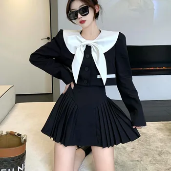 Kore Moda OL İki Parçalı Set Kadın Kırpma Üst Yay Kısa Blazer Ceket + Pilili Etekler Setleri Sonbahar Vintage 2 Parça Etek Takım Elbise