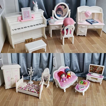 Dollhouse Mini Yatak Odası Oturma Odası Kanepe Masa Sandalye Seti OB11 Bebek Evi Mobilya Minyatür Model Aksesuarları