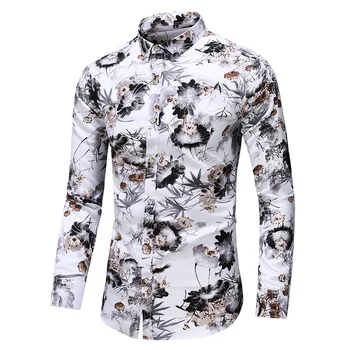 Bahar erkek gömleği Yeni Moda Çin Tarzı Baskı Uzun Kollu Gömlek Erkekler Rahat Çiçek Plaj havai gömleği 6XL 7XL 2