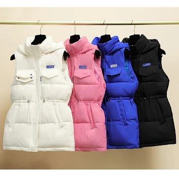 2023 Kış Kadın Pamuk Aşağı Yelek Kolsuz Sıcak Kapşonlu Gevşek Rahat Uzun Yelek Kadın Giyim kapitone ceket 2