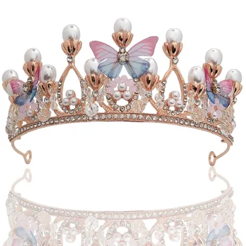 Şapkalar Rhinestone Tiara Doğum Günü Düğün Tiaras Kızlar için İnci Kafa Bandı Prenses Taç Kelebek 1