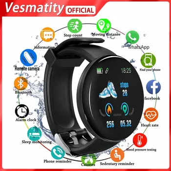 Vesmatıty D18 akıllı saat Sıcak Kalp Hızı Saati Kan Basıncı Monitörü akıllı bilezik Spor Su Geçirmez ios için akıllı saat Android 4