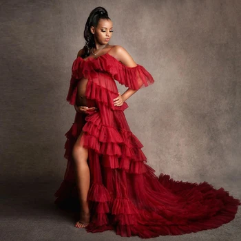 Kırmızı Katmanlı Ruffles hamile elbiseleri Kapalı Omuz Spagetti Sapanlar Balo Elbise Kadınlar Gebelik Bebek Duş Kıyafeti 11