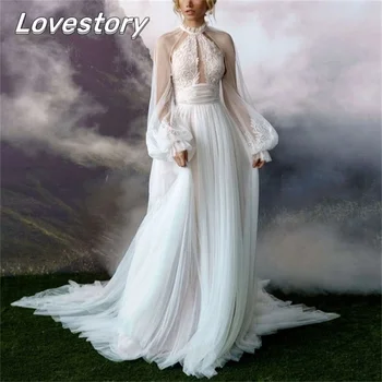 Beyaz Fildişi A-Line Gelinlik Uzun Puf Kollu Gelin Elbiseler Illusion gelinlikler Yüksek Boyun Boho Dantel Vestidos De Noiva 4