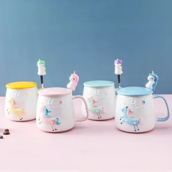 3D Kabartma Unicorn Kahve Kupa Sevimli Yaratıcı Seramik Karikatür Porselen çay kapaklı bardak ve Kaşık Kız Hediye için Yenilik Tasarım 7