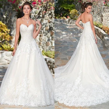 Beyaz Sevgiliye Boyun Tül Dantel Aplike A-line düğün elbisesi 2021 robe de mariee Kadınlar gelinlik 7