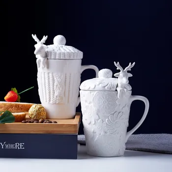 Beyaz Porselen Noel 3D Elk Hayvan Çiftler Kahve Süt kapaklı kupalar Seramik Yaratıcı Sevimli Geyik Kahvaltı Fincan Drinkware 2